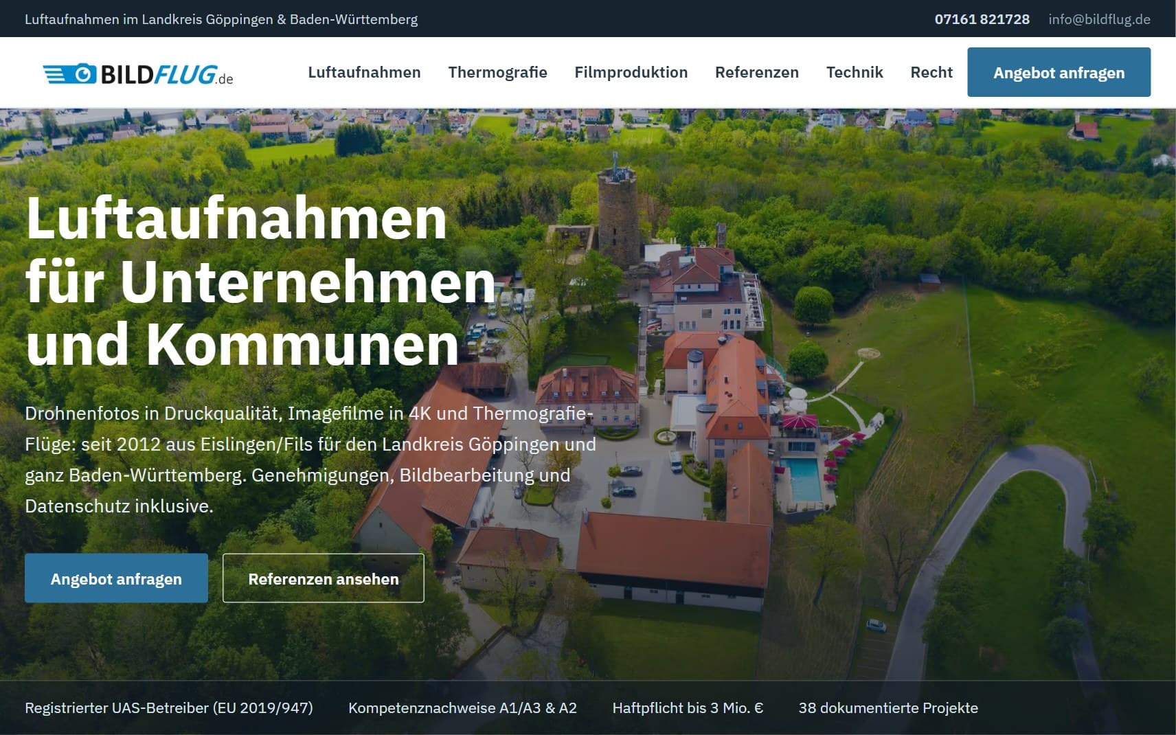 Startseite von bildflug.de mit Luftaufnahme der Burg Staufeneck und den drei Leistungsbereichen