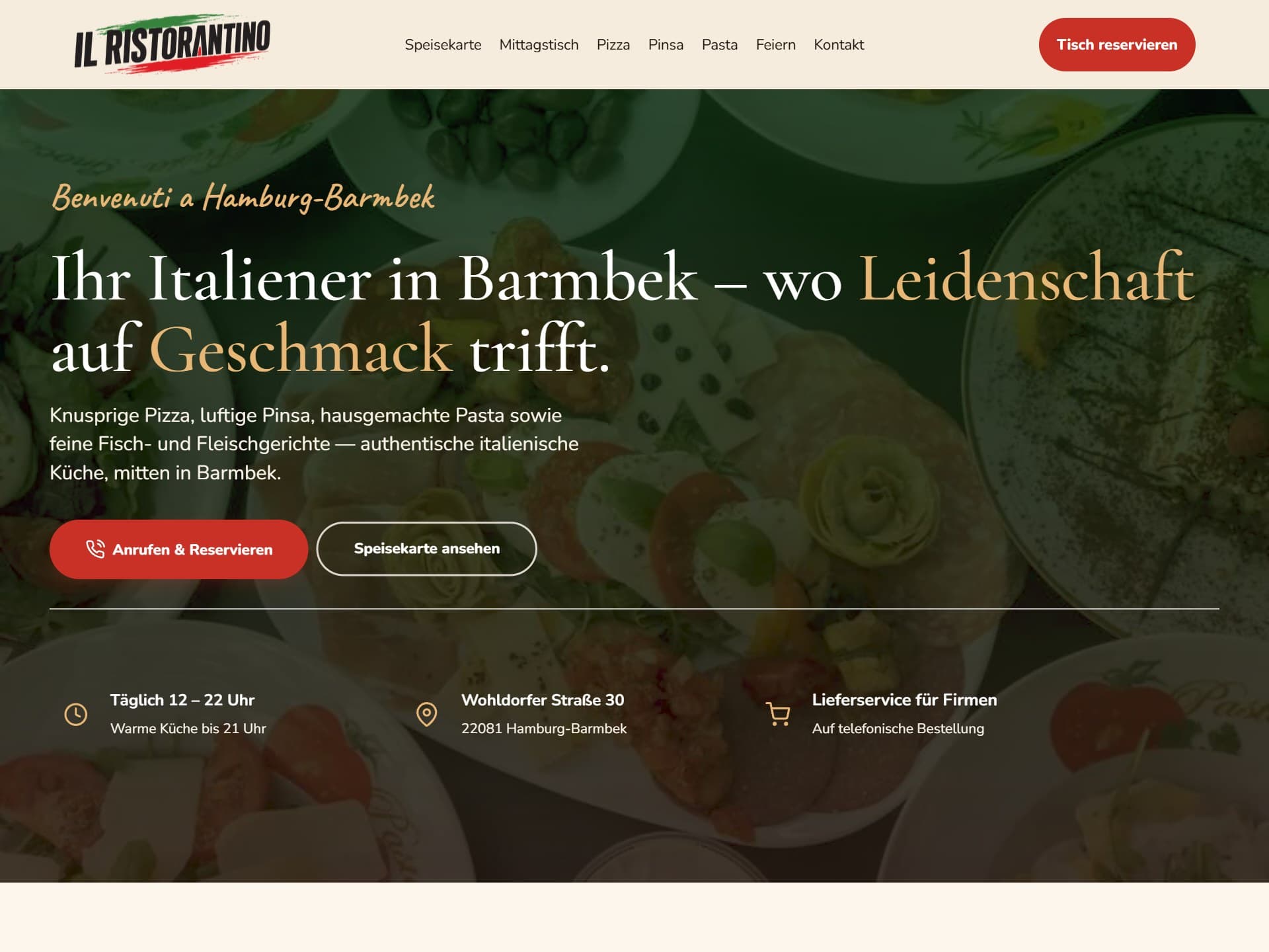 Startseite von il-ristorantino.de mit italienischen Gerichten, Reservierungsknopf und der Zeile Ihr Italiener in Barmbek