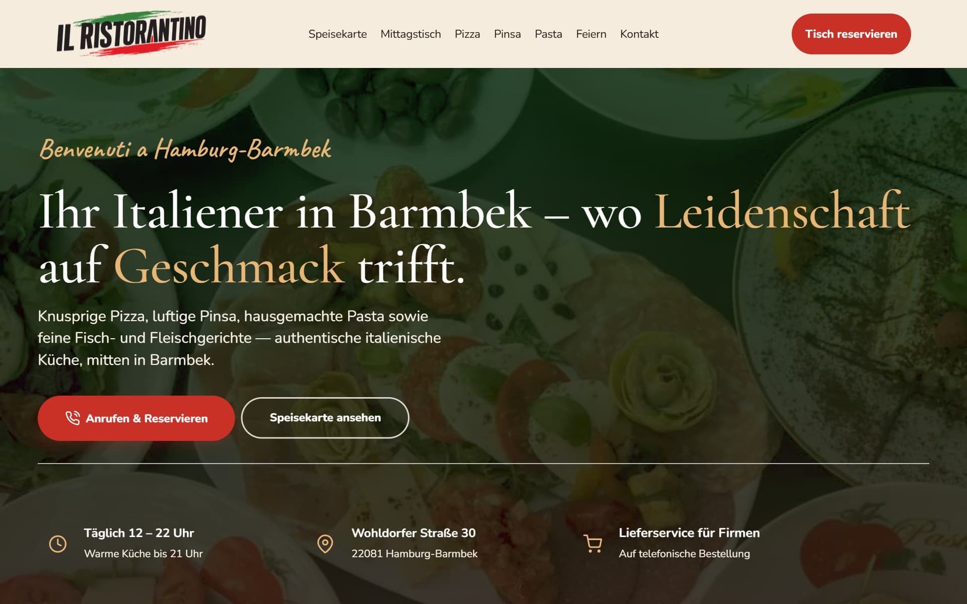 Neue Startseite von Il Ristorantino mit Pizza und Pasta, Reservierungsknopf, Öffnungszeiten und Lieferservice-Hinweis