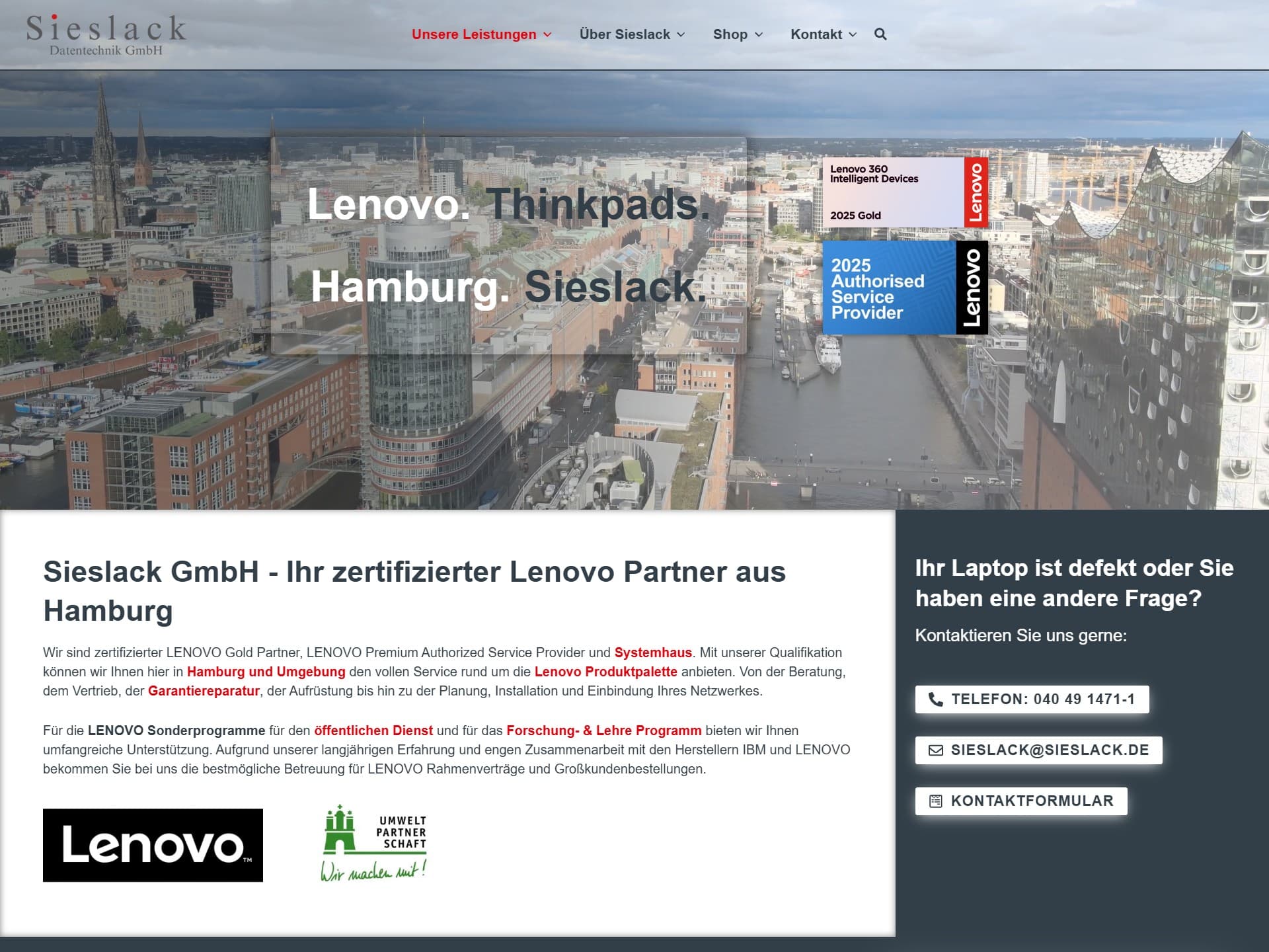 Startseite von sieslack.de mit Hamburger Hafenpanorama, Lenovo-Gold-Partner-Siegel und Kontaktbereich