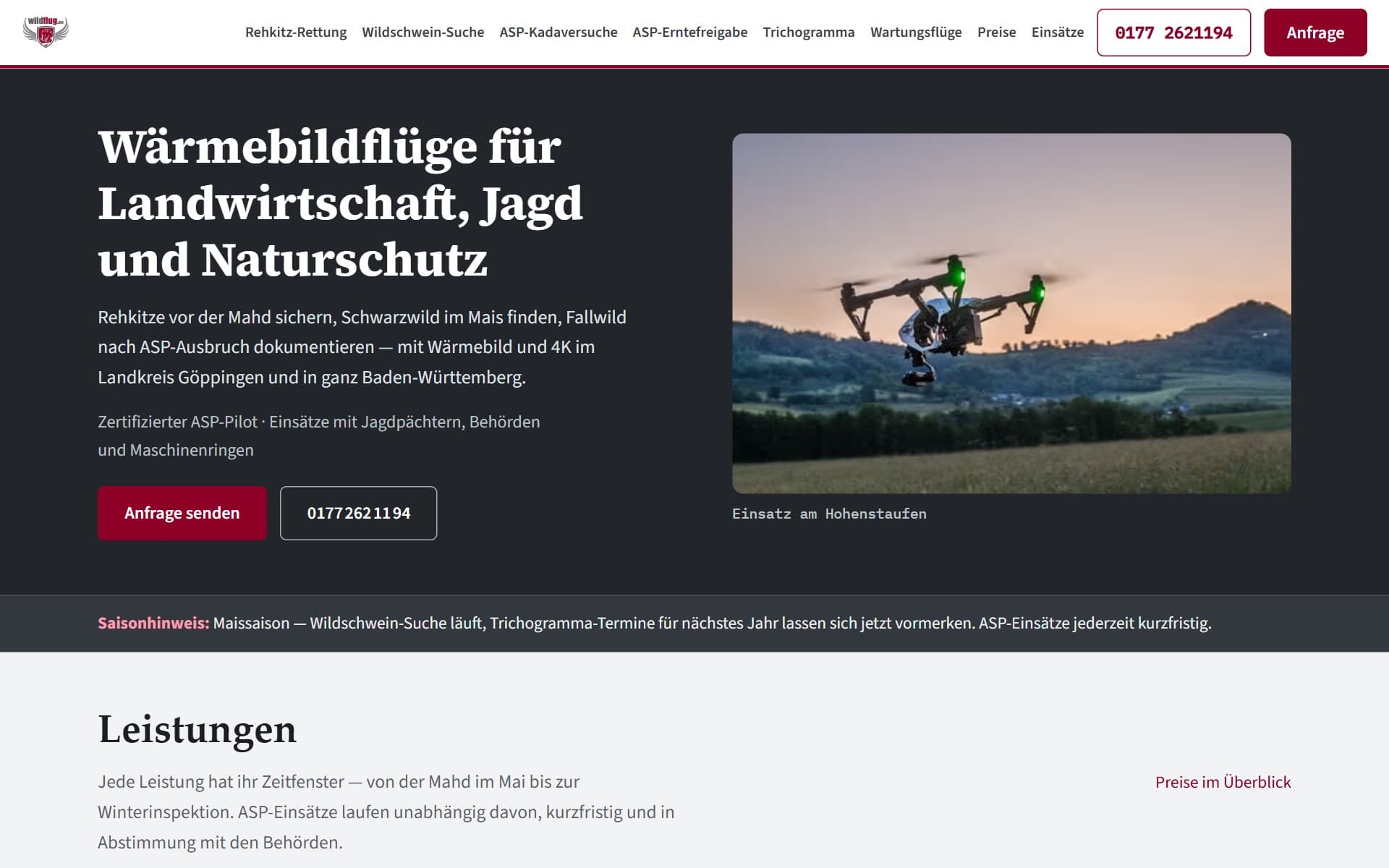 Startseite von wildflug.eu mit Wärmebilddrohne über dem Hohenstaufen und den Leistungsbereichen