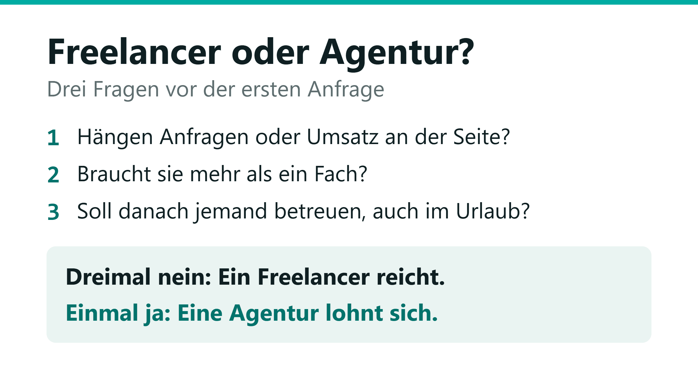 Drei Fragen vor der ersten Anfrage: Erstens, hängen Anfragen oder Umsatz an der Seite? Zweitens, braucht sie mehr als ein Fach? Drittens, soll danach jemand betreuen, auch im Urlaub? Darunter die Faustregel: Dreimal nein, dann reicht ein Freelancer. Einmal ja, dann lohnt sich eine Agentur.