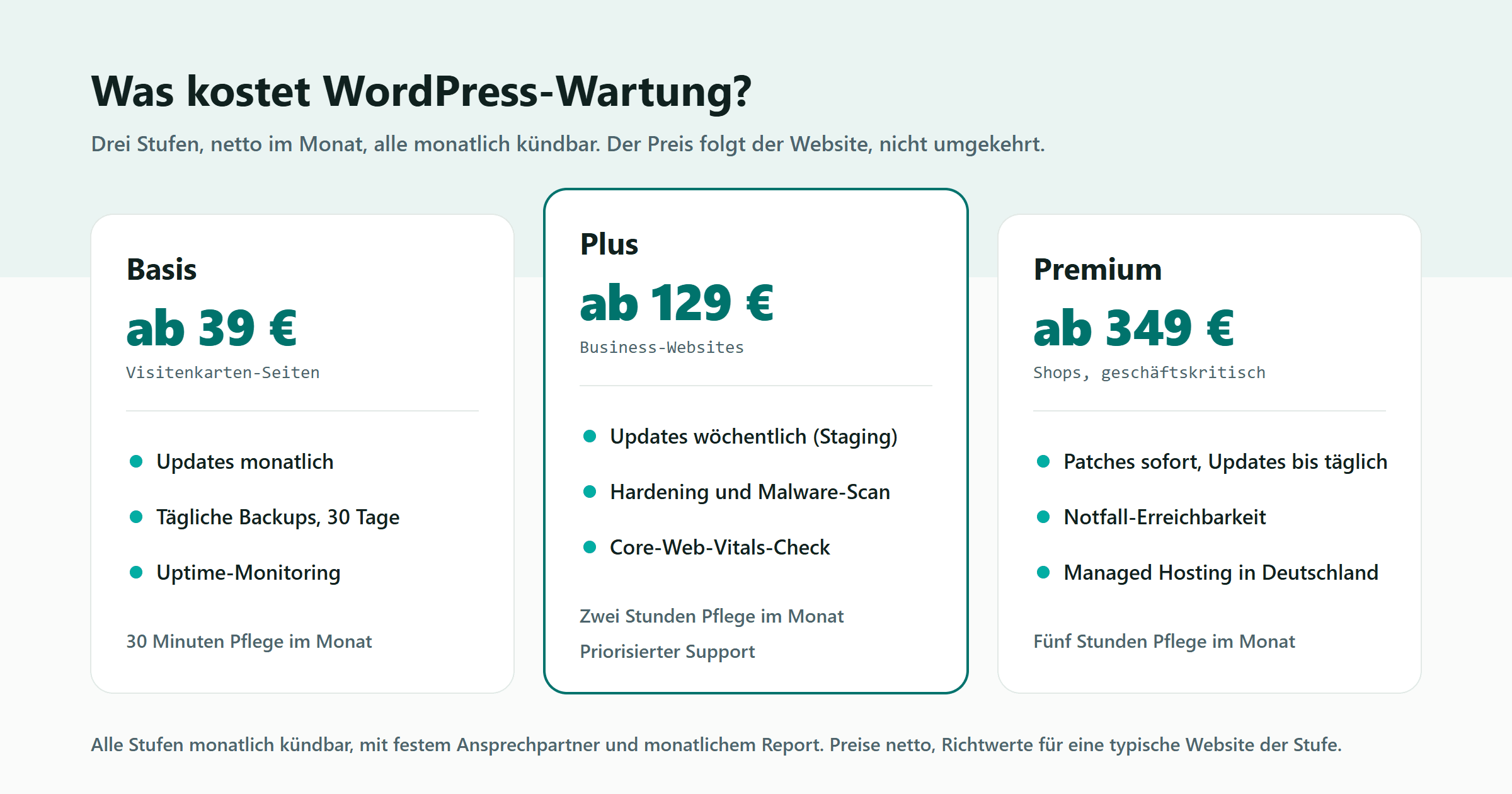 Drei Karten nebeneinander für die Wartungsstufen Basis ab 39 Euro, Plus ab 129 Euro und Premium ab 349 Euro netto im Monat, jeweils mit drei Kernleistungen: monatliche Updates, tägliche Backups und Monitoring in Basis; wöchentliche Updates auf Staging, Hardening mit Malware-Scan und Performance-Check in Plus; Patches sofort, Notfall-Erreichbarkeit und Managed Hosting in Premium. Darunter eine Zeile: alle Stufen monatlich kündbar, fester Ansprechpartner.