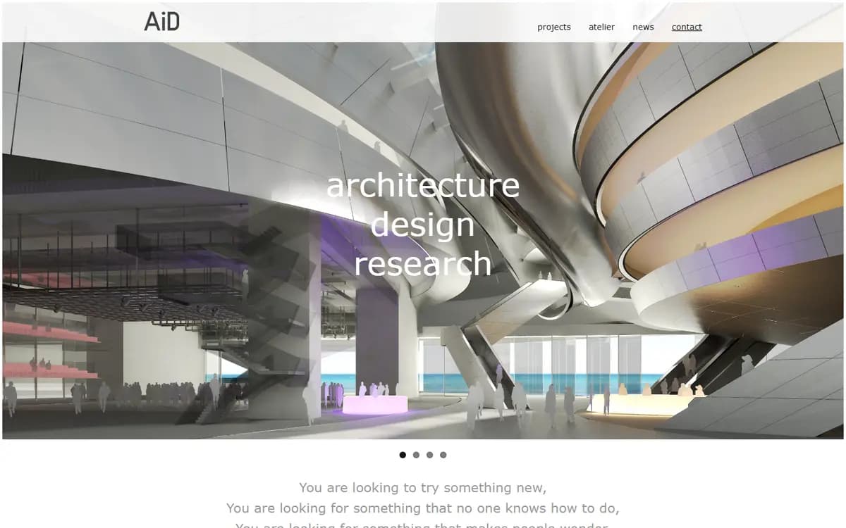 Startseite von AiD Architecture mit futuristischer Gebäudevisualisierung und den Worten architecture, design, research