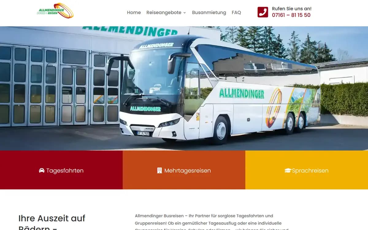 Startseite von Allmendinger Busreisen mit Reisebus vor dem Betriebshof und Kacheln für Tagesfahrten, Mehrtagesreisen und Sprachreisen