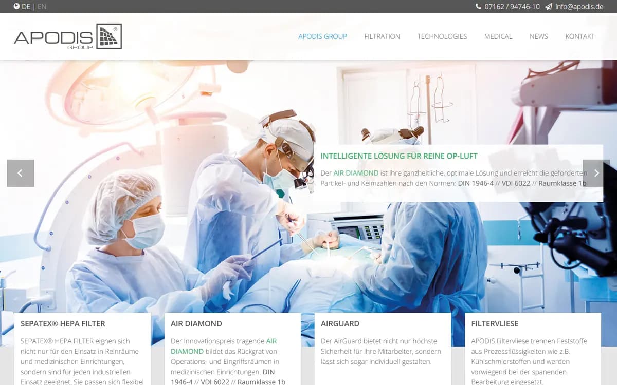 Startseite der APODIS Group mit OP-Saal-Foto und Filterprodukten für reine Luft