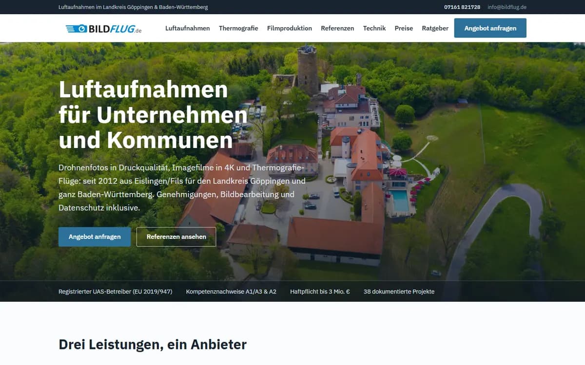 Startseite von BILDFLUG.de mit Luftaufnahme der Burg Staufeneck bei Salach
