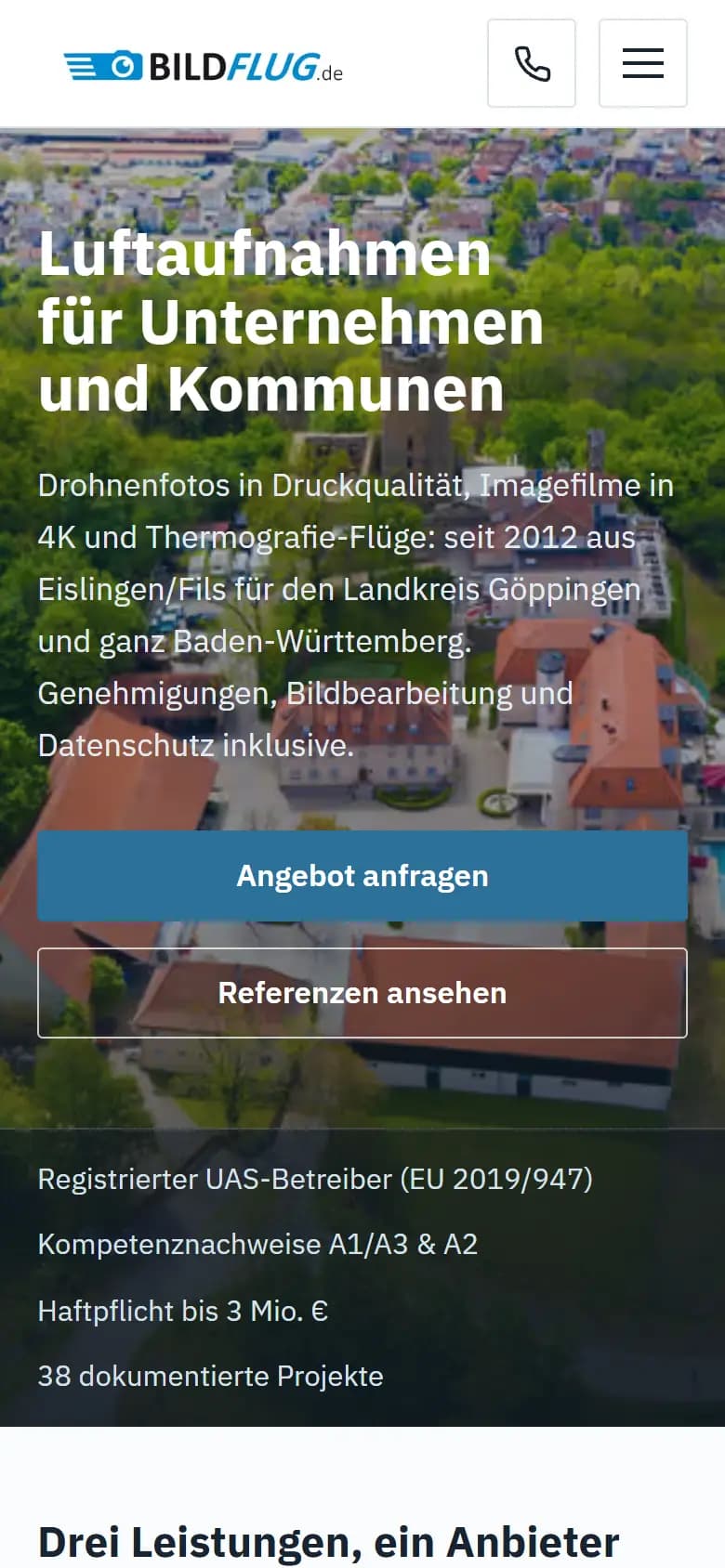 bildflug.de auf dem Telefon: dieselbe Seite, mobil.