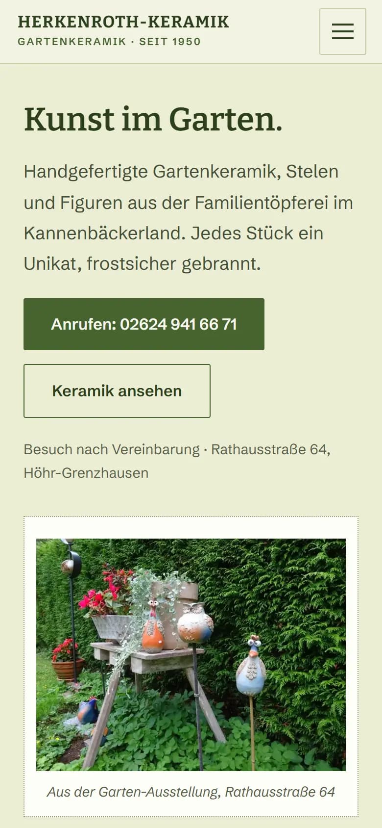 keramik-design.de auf dem Telefon: dieselbe Seite, mobil.