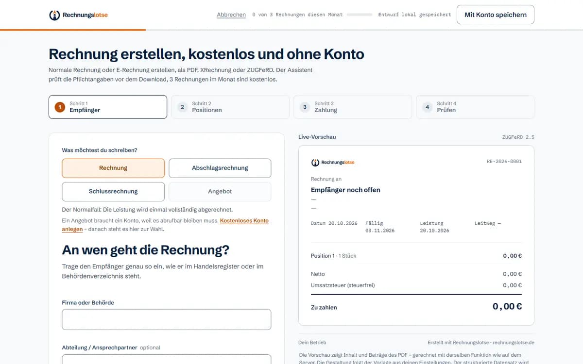 Der Rechnungsassistent von Rechnungslotse im Browserfenster: Schritt eins von vier, links die Eingabe, rechts die Live-Vorschau der Rechnung.