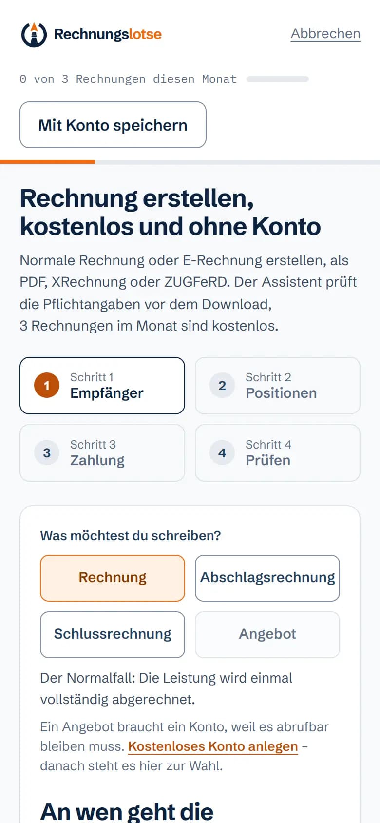 Derselbe Rechnungsassistent auf dem Telefon, mit den vier Schritten untereinander.