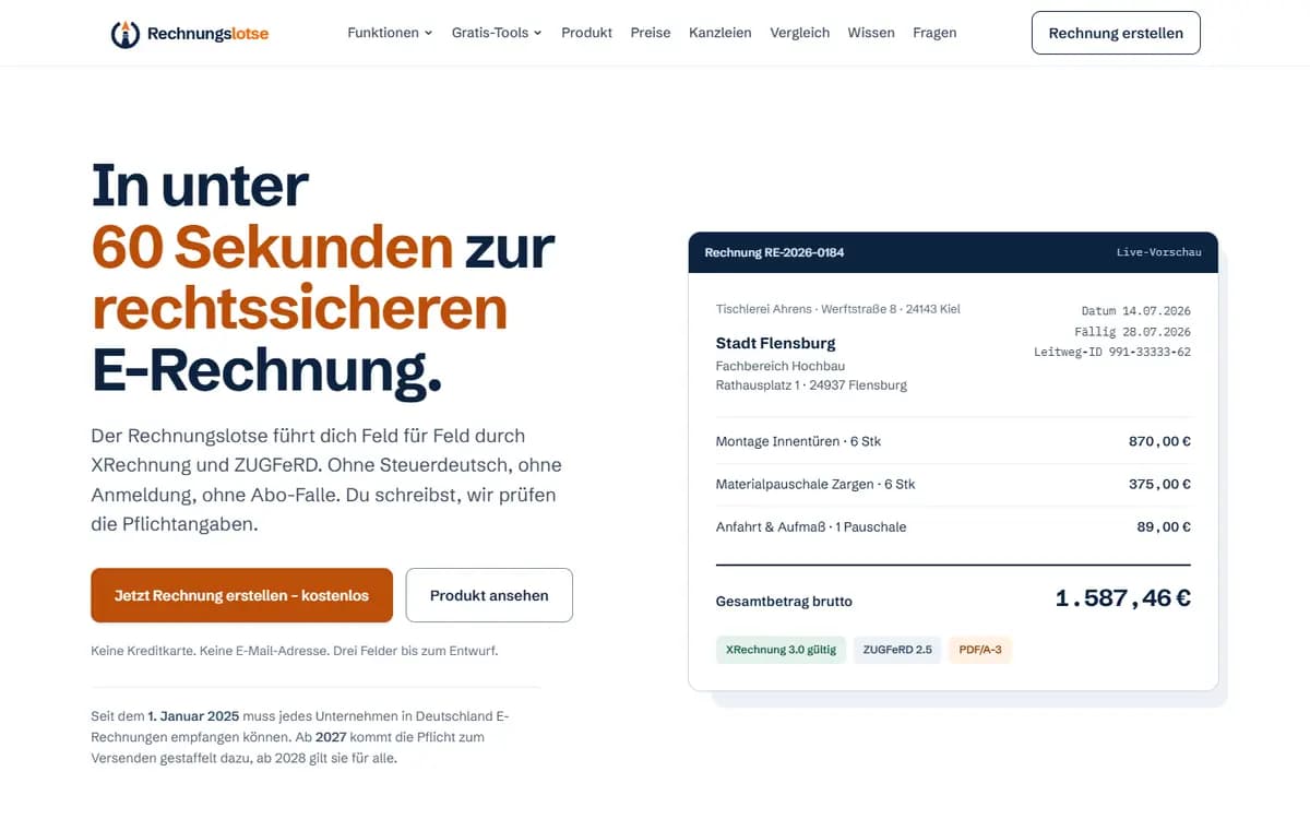 rechnungslotse.de im Browserfenster: E-Rechnung in unter 60 Sekunden, mit Live-Vorschau. Entwickelt von AOS Digital.