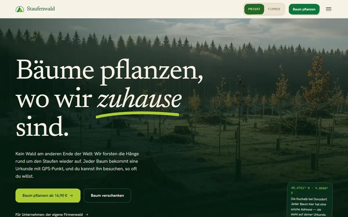 staufenwald.de im Browserfenster: Baumpatenschaften für die Aufforstung am Staufen, Shop von AOS Digital auf Next.js neu gebaut.