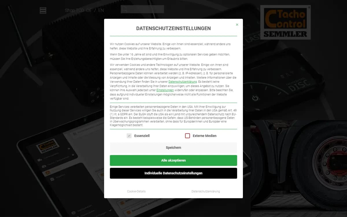 Startseite von tachocontrol.de mit Prüfgeräten, Tablet-Software und dem TachoControl-Semmler-Logo
