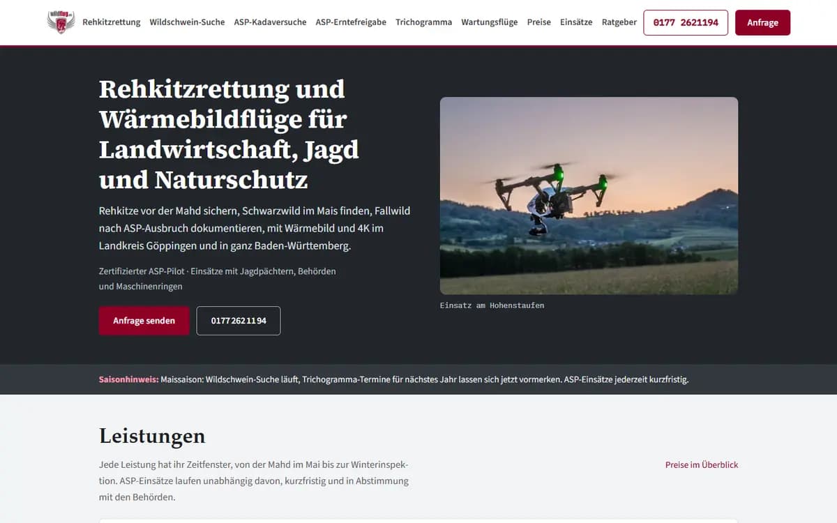 Startseite von WILDFLUG.eu mit Wärmebilddrohne über einem Feld am Hohenstaufen