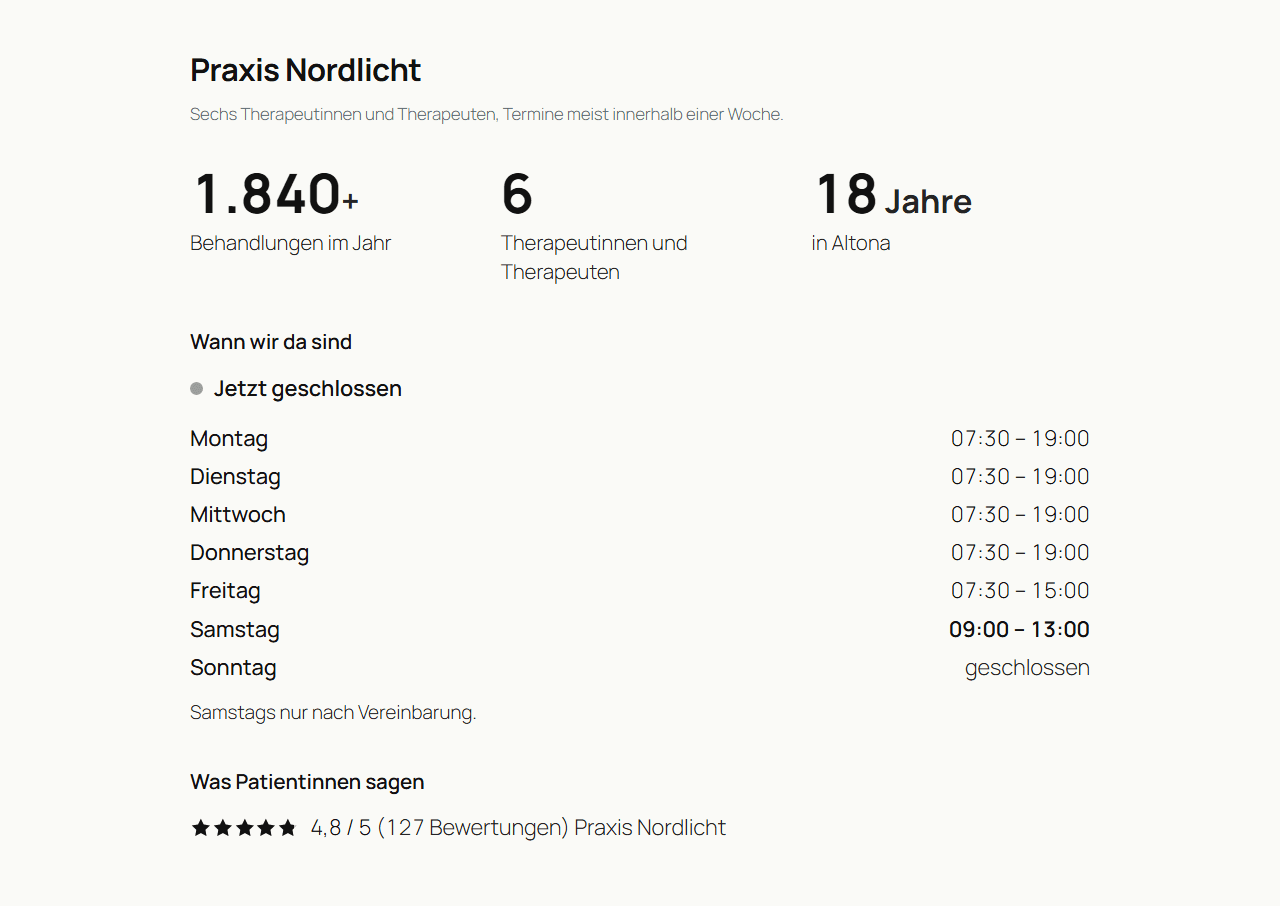 Drei Blöcke auf einer Seite: Zähler, Öffnungszeiten mit Status und Sterne-Bewertung, daraus entsteht das strukturierte Datenblatt