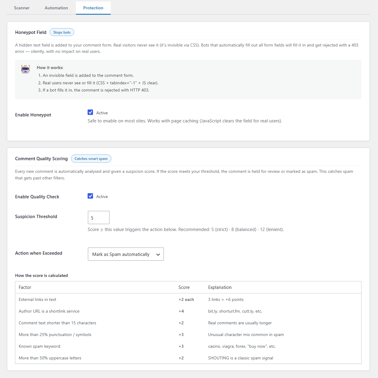 Schutz: Honeypot-Feld und Kommentar-Scoring