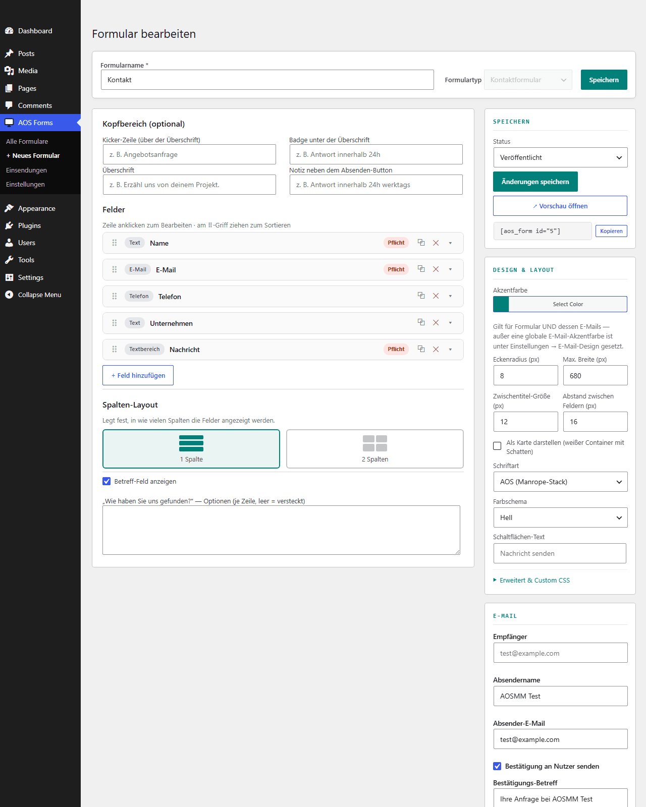 Der Editor: Kontaktformular mit Drag-and-drop-Feldern