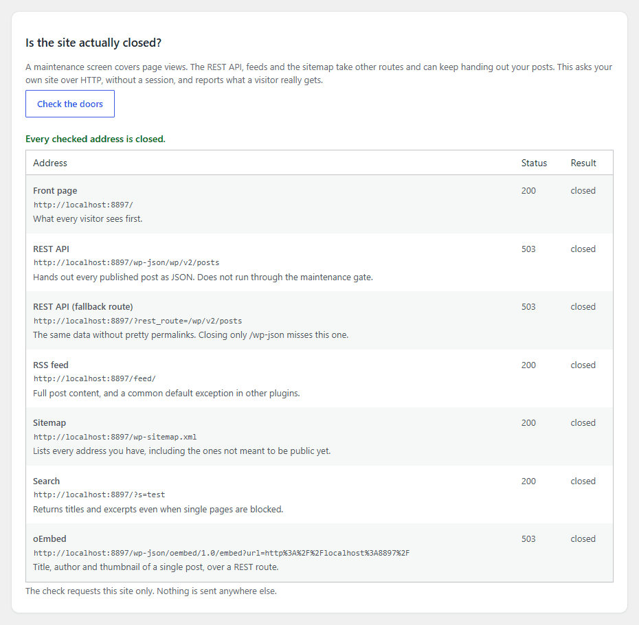 Der Türen-Check: fragt die eigene Site ohne Sitzung ab und meldet, ob REST-API, Feeds, Sitemap und Suche wirklich abgedeckt sind