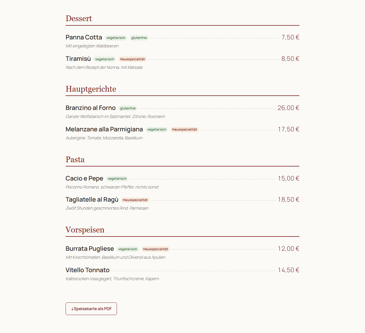 Die Karte auf der Website: nach Kategorien gegliedert, mit Kennzeichnung, Führungslinien zum Preis und einem PDF zum Mitnehmen