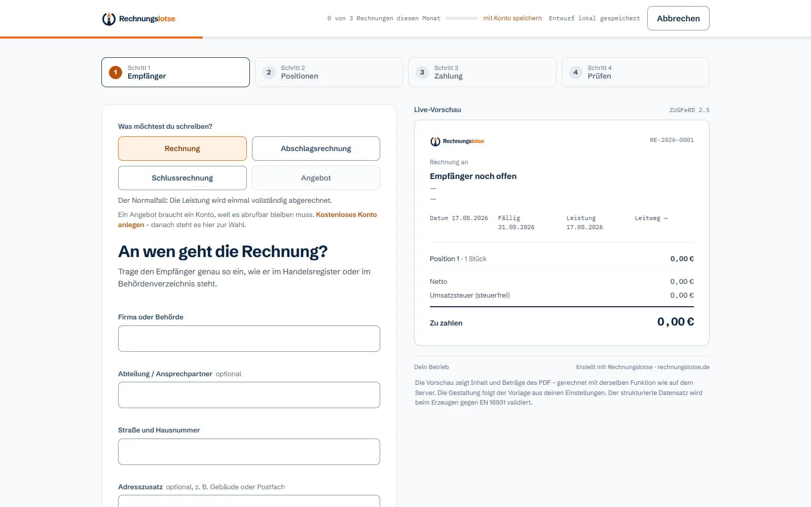 Der Rechnungs-Assistent von Rechnungslotse: links das Formular mit Schritt Empfänger, rechts die Live-Vorschau der entstehenden ZUGFeRD-Rechnung