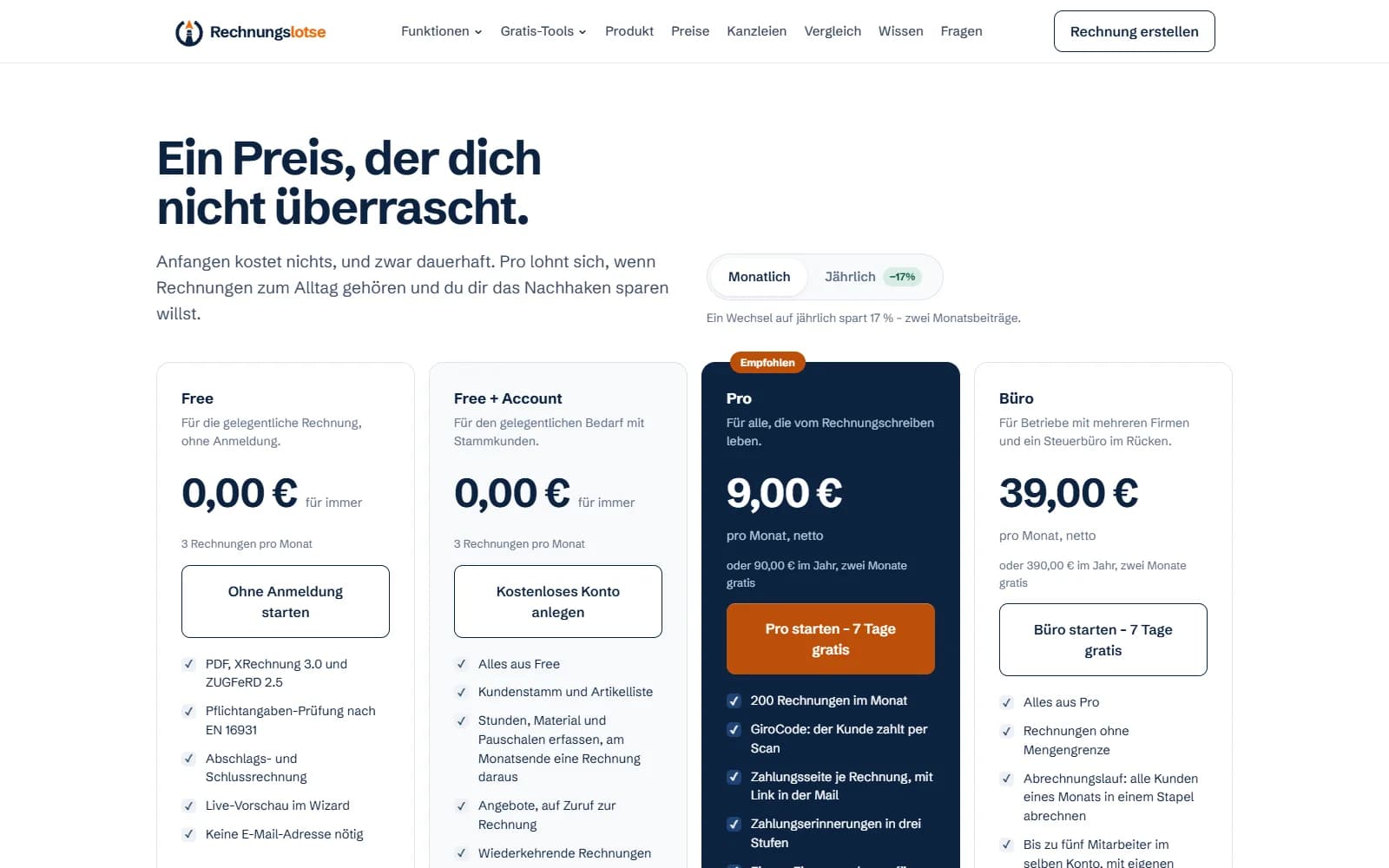 Preisseite von Rechnungslotse mit den Stufen Free, Free mit Konto, Pro für 9 Euro und Büro für 39 Euro, alle monatlich kündbar