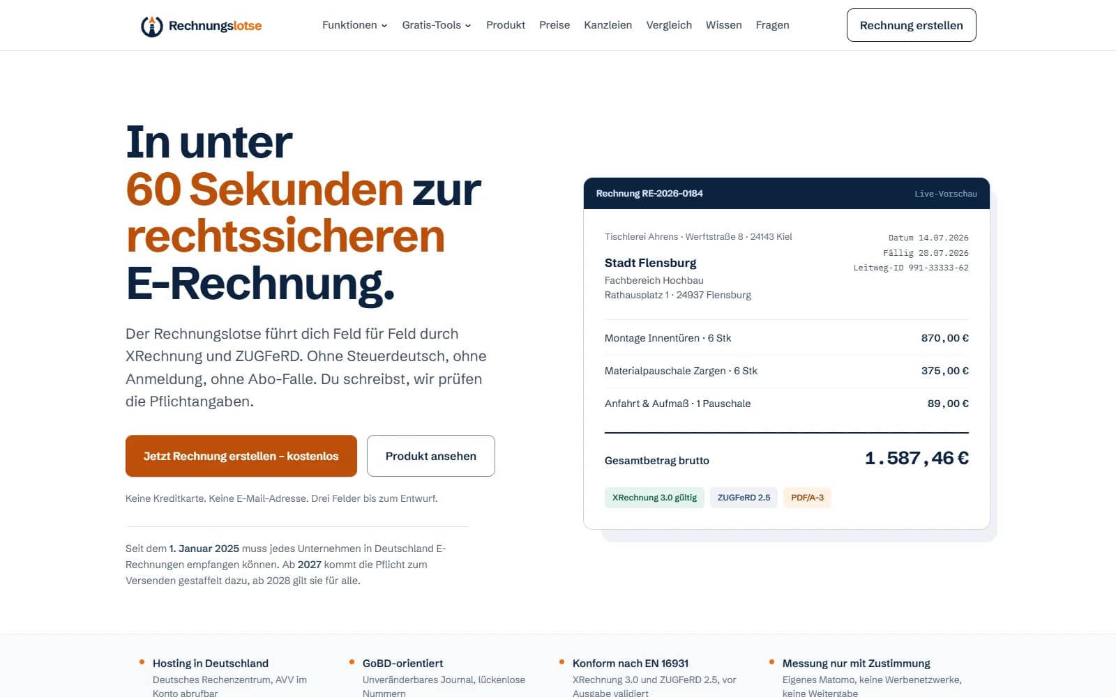Startseite von rechnungslotse.de mit dem Versprechen, in unter 60 Sekunden zur rechtssicheren E-Rechnung zu kommen, daneben eine Live-Vorschau einer Beispielrechnung