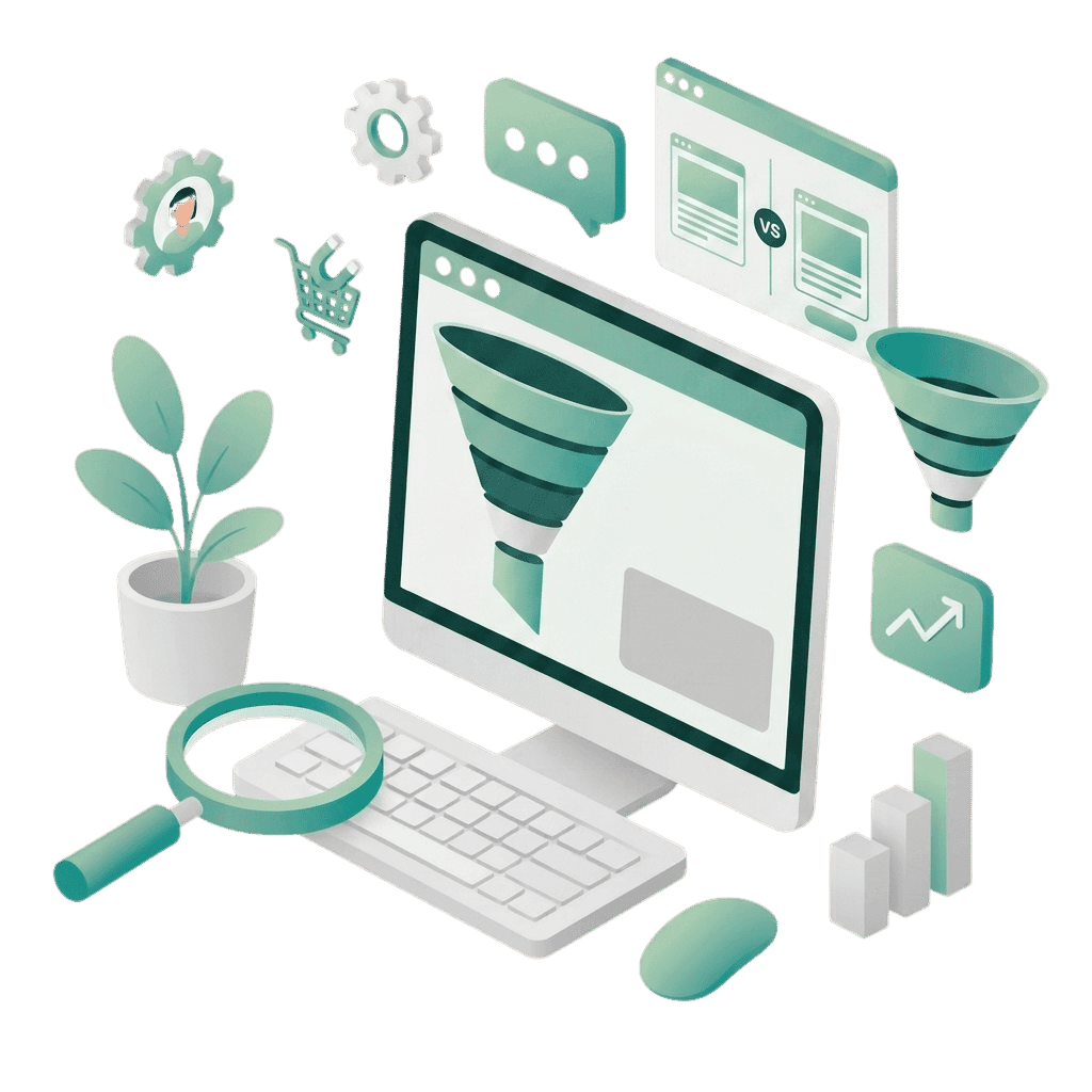 Illustration: Conversion-Funnel, A/B-Tests und Kennzahlen rund um konversionsstarkes Webdesign