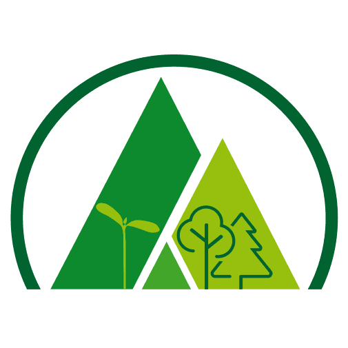 Logo Staufenwald, Bergsilhouette mit Setzling und Baum